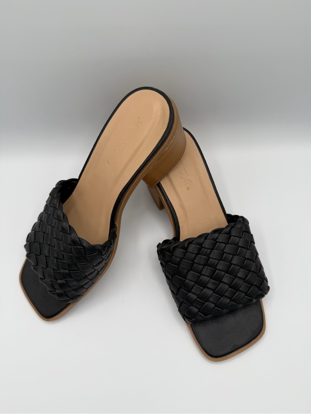 Soda Black Woven Slide Heels with Tan Insole